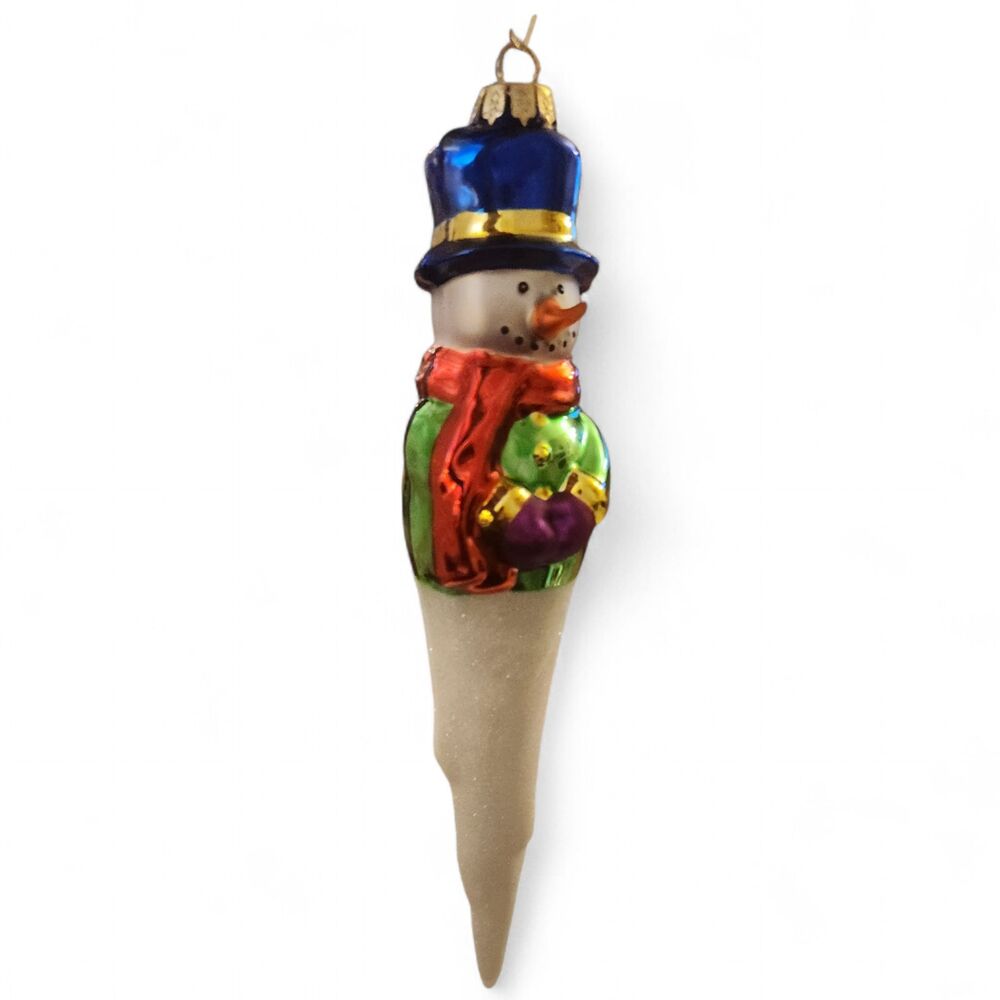 Vintage Glass Snowman Icicle Ornament with Top Hat and Glitter Finish